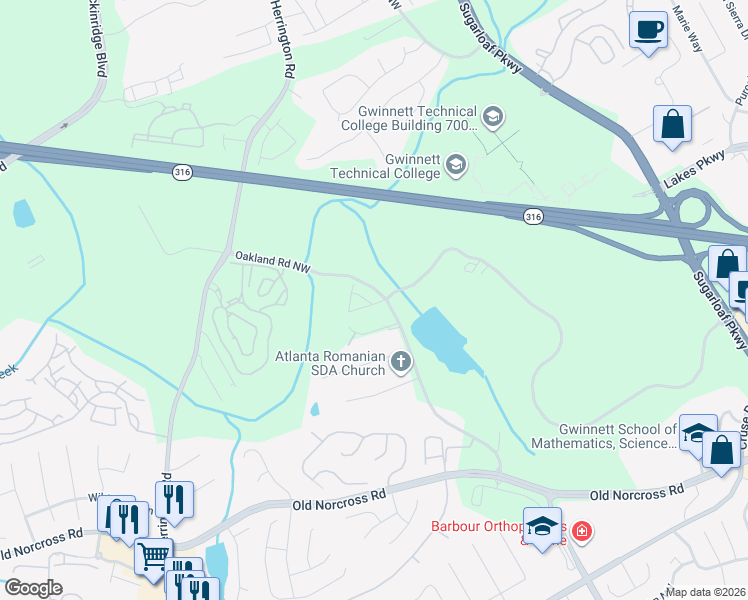 map of restaurants, bars, coffee shops, grocery stores, and more near 2291 Hawks Bluff Trail Northwest in Lawrenceville