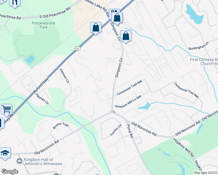 map of restaurants, bars, coffee shops, grocery stores, and more near 2731 Simpson Circle in Norcross