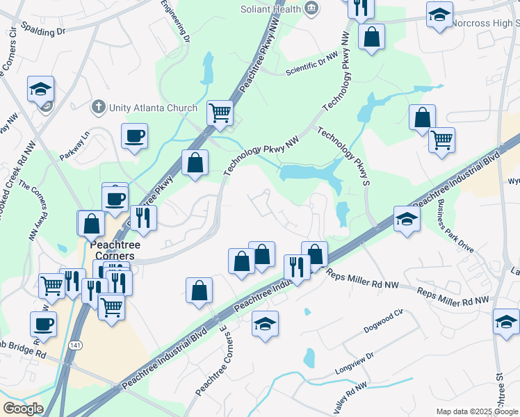map of restaurants, bars, coffee shops, grocery stores, and more near 5749 Pine Oak Drive Northwest in Norcross