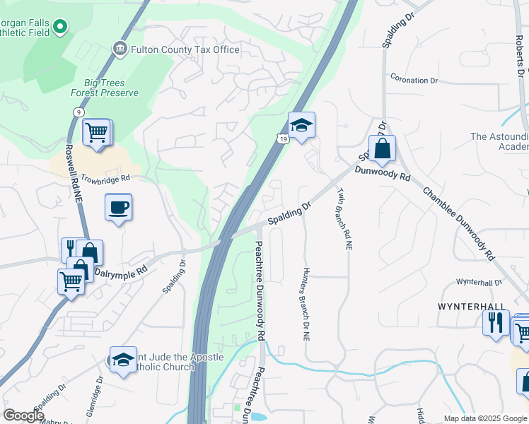 map of restaurants, bars, coffee shops, grocery stores, and more near 4033 Gables Lane in Sandy Springs