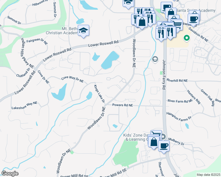 map of restaurants, bars, coffee shops, grocery stores, and more near 4566 Fountain Drive Northeast in Marietta