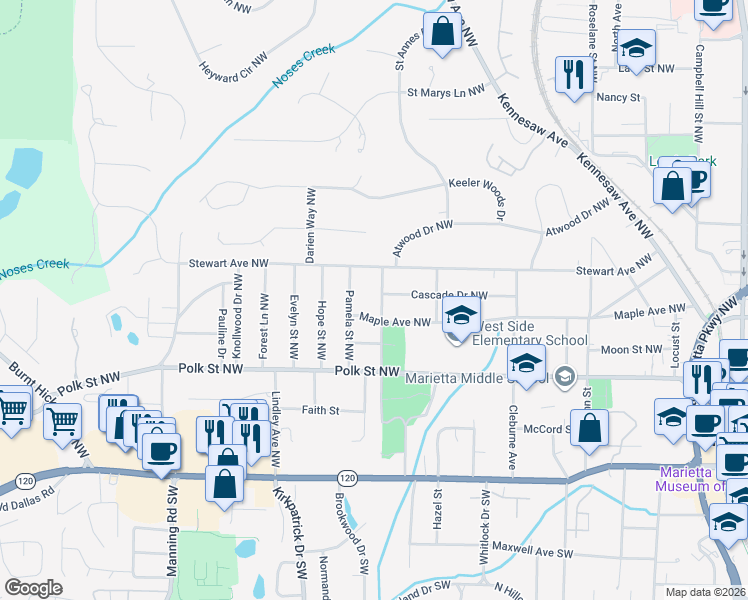 map of restaurants, bars, coffee shops, grocery stores, and more near 255 Ridge Avenue in Marietta