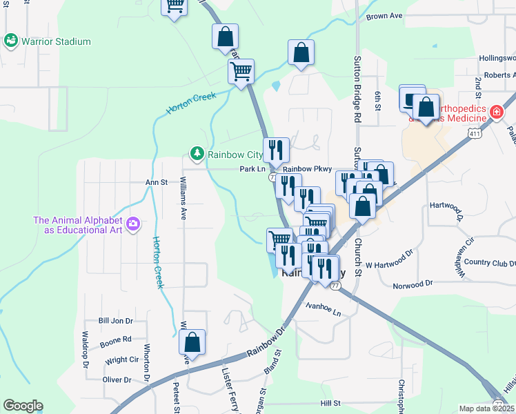 map of restaurants, bars, coffee shops, grocery stores, and more near 210 West Grand Avenue in Rainbow City