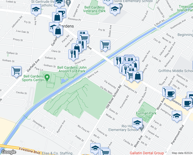 map of restaurants, bars, coffee shops, grocery stores, and more near 7220 Via Amorita in Downey