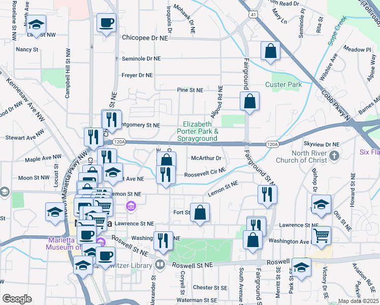 map of restaurants, bars, coffee shops, grocery stores, and more near 276 McIntosh Avenue Northeast in Marietta