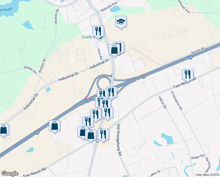 map of restaurants, bars, coffee shops, grocery stores, and more near South Lake Drive in Lexington