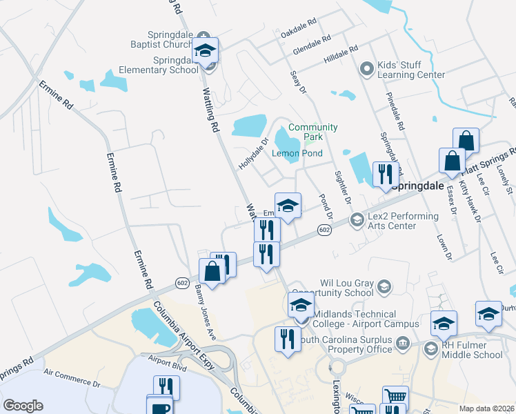 map of restaurants, bars, coffee shops, grocery stores, and more near 3242 Empress Street in West Columbia