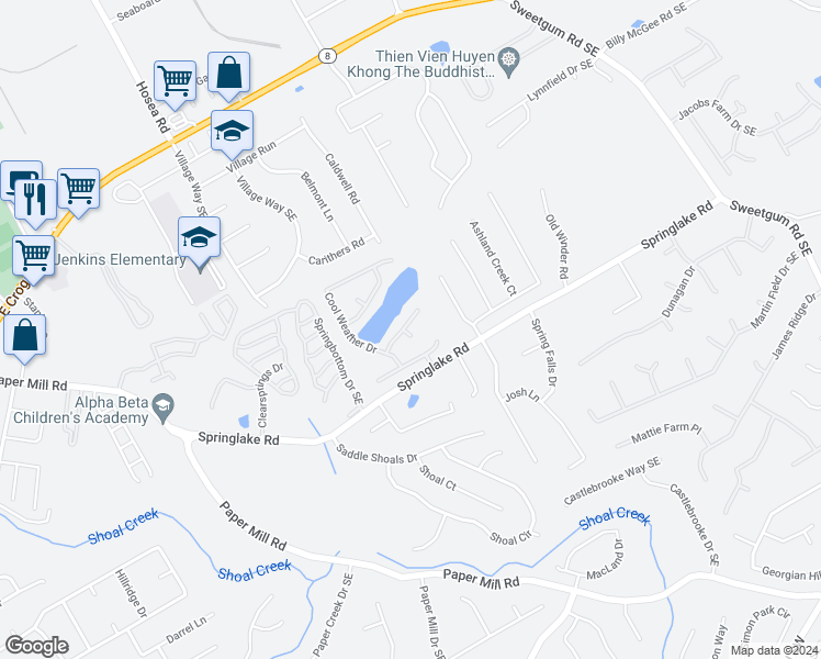 map of restaurants, bars, coffee shops, grocery stores, and more near 507 Pond Lillies Road Southeast in Lawrenceville