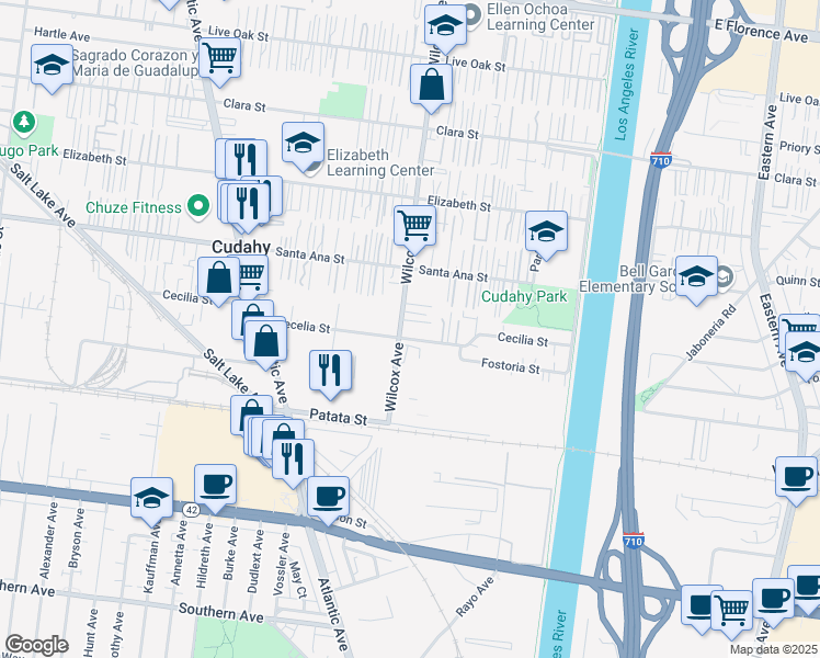 map of restaurants, bars, coffee shops, grocery stores, and more near 8232 Wilcox Avenue in Bell Gardens