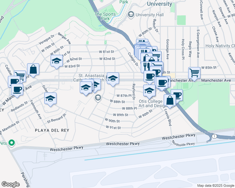 map of restaurants, bars, coffee shops, grocery stores, and more near 7363 West 87th Place in Los Angeles