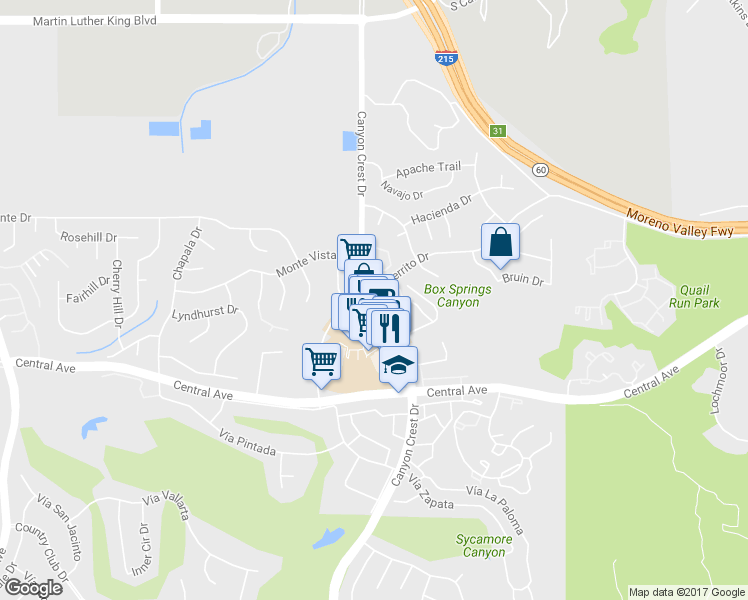 map of restaurants, bars, coffee shops, grocery stores, and more near 5208 Monte Vista Drive in Riverside