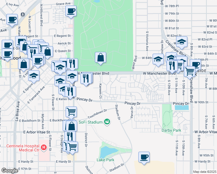 map of restaurants, bars, coffee shops, grocery stores, and more near 8718 Weybridge Place in Inglewood