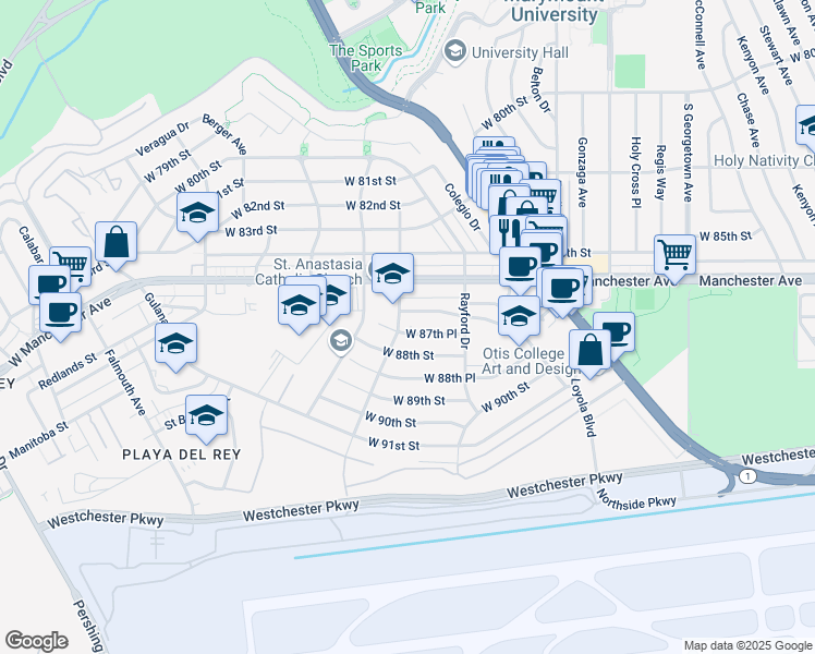 map of restaurants, bars, coffee shops, grocery stores, and more near 7363 West 87th Place in Los Angeles