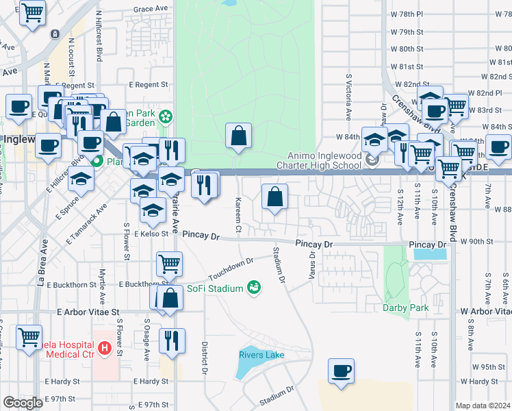 map of restaurants, bars, coffee shops, grocery stores, and more near 8726 Beckenham Lane in Inglewood