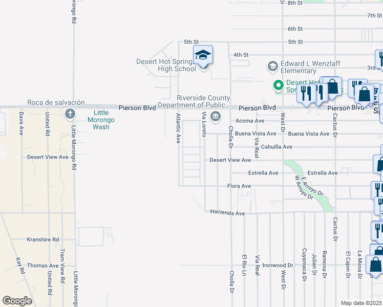 map of restaurants, bars, coffee shops, grocery stores, and more near 65565 Acoma Avenue in Desert Hot Springs