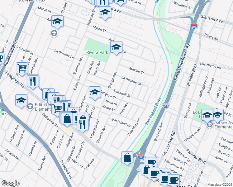map of restaurants, bars, coffee shops, grocery stores, and more near 9712 Terradell Street in Pico Rivera
