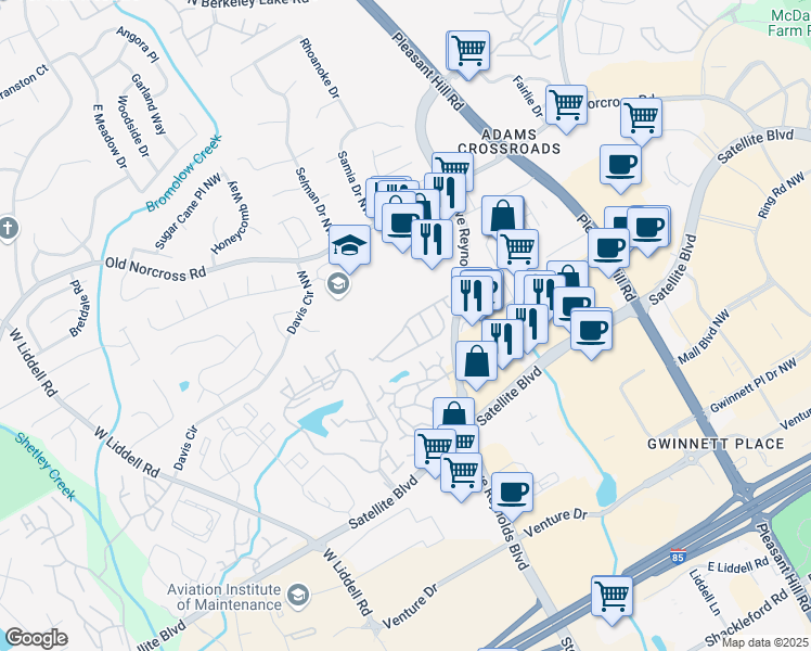 map of restaurants, bars, coffee shops, grocery stores, and more near 3812 Dandridge Drive in Duluth
