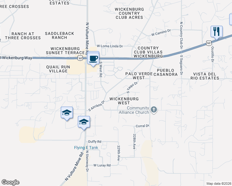 map of restaurants, bars, coffee shops, grocery stores, and more near 1781 Papago Place in Wickenburg