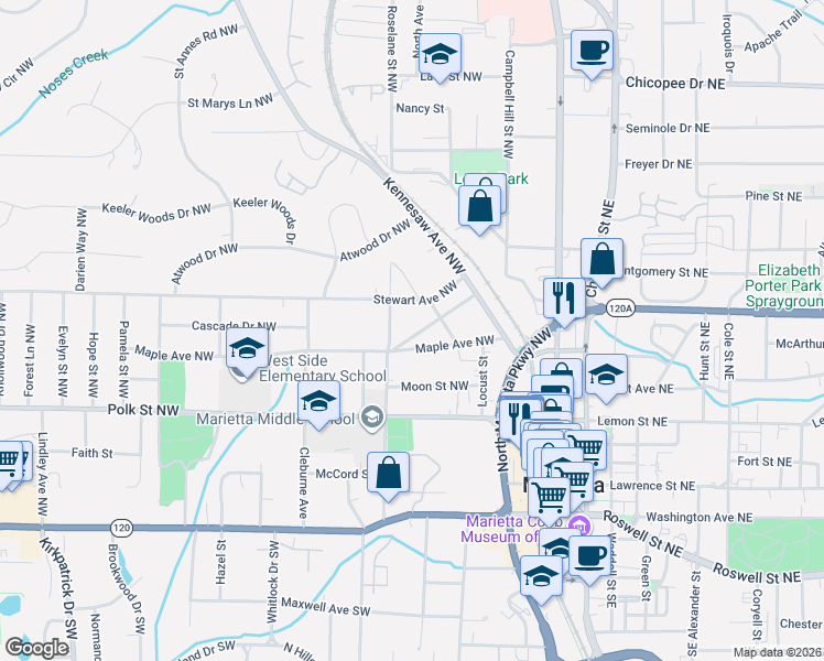 map of restaurants, bars, coffee shops, grocery stores, and more near 272 Camp Street in Marietta
