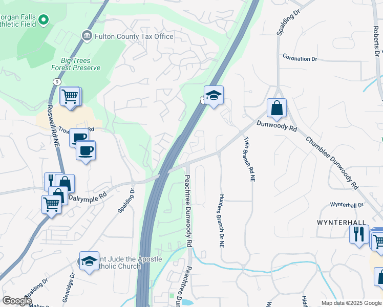 map of restaurants, bars, coffee shops, grocery stores, and more near 1000 Spalding Drive in Atlanta