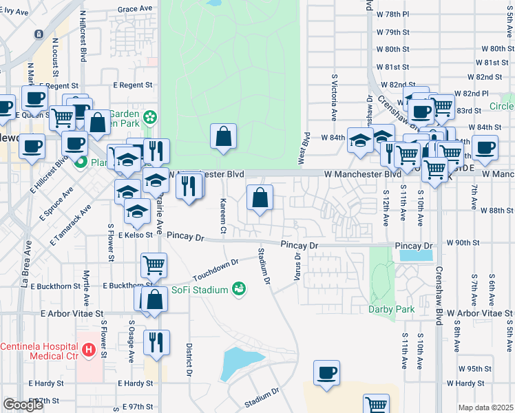 map of restaurants, bars, coffee shops, grocery stores, and more near 3755 Danbury Lane in Inglewood