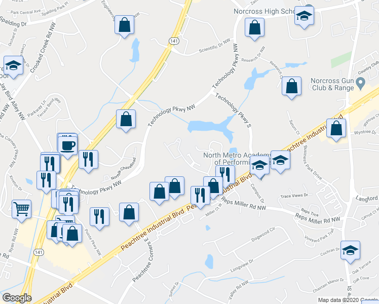 map of restaurants, bars, coffee shops, grocery stores, and more near 5429 Willow Oak Drive in Norcross