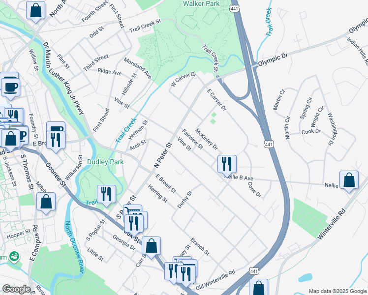 map of restaurants, bars, coffee shops, grocery stores, and more near 255 Vine Street in Athens
