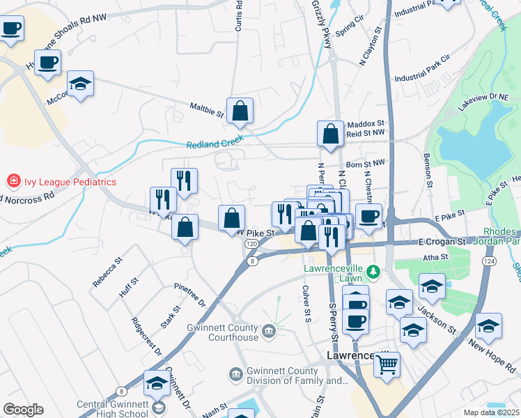 map of restaurants, bars, coffee shops, grocery stores, and more near 415 West Oak Street in Lawrenceville