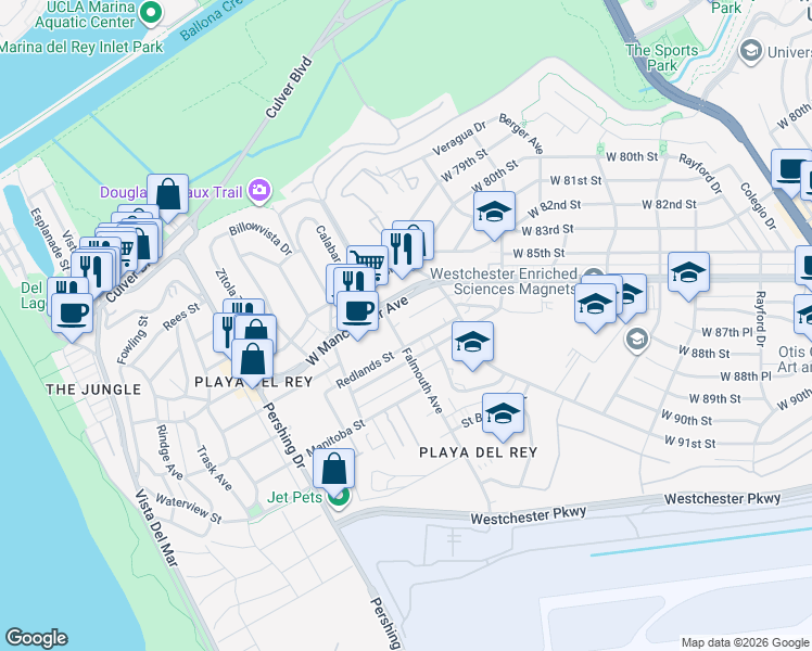 map of restaurants, bars, coffee shops, grocery stores, and more near 8500 Falmouth Avenue in Los Angeles