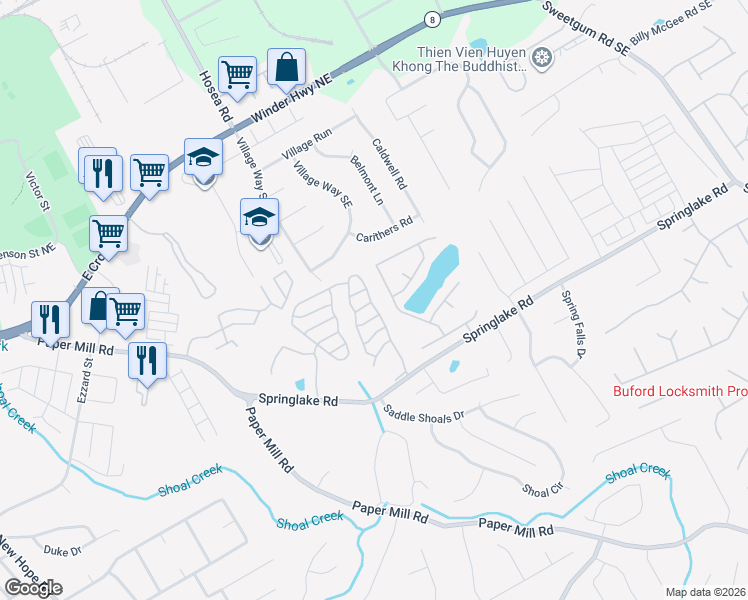 map of restaurants, bars, coffee shops, grocery stores, and more near 176 Springbottom Drive Southeast in Lawrenceville