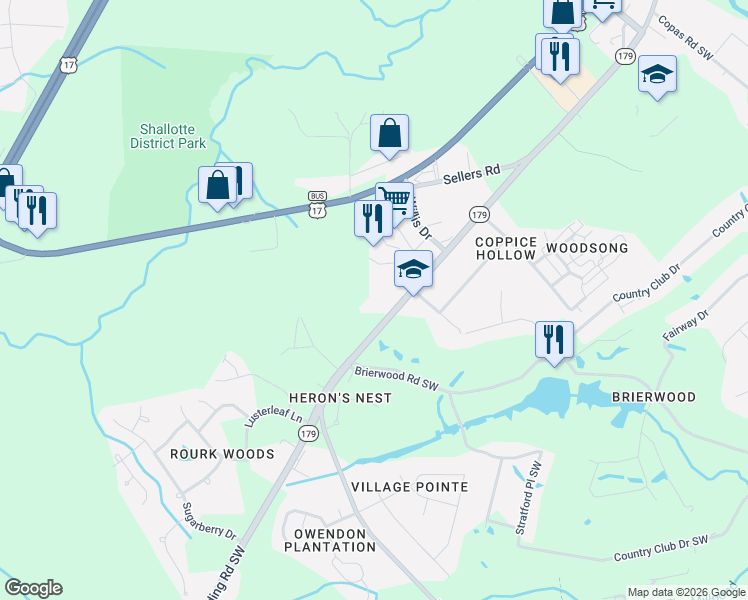 map of restaurants, bars, coffee shops, grocery stores, and more near 676 Village Road Southwest in Shallotte