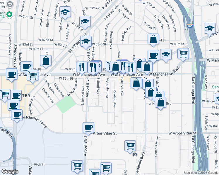 map of restaurants, bars, coffee shops, grocery stores, and more near 8715 Ramsgate Avenue in Los Angeles