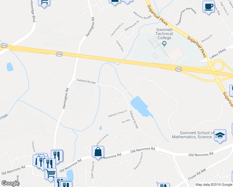 map of restaurants, bars, coffee shops, grocery stores, and more near 2279 Hawks Bluff Trail Northwest in Lawrenceville