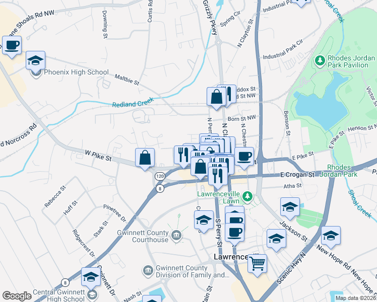 map of restaurants, bars, coffee shops, grocery stores, and more near 300 West Oak Street in Lawrenceville