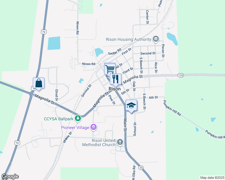 map of restaurants, bars, coffee shops, grocery stores, and more near 20 Magnolia Street in Rison
