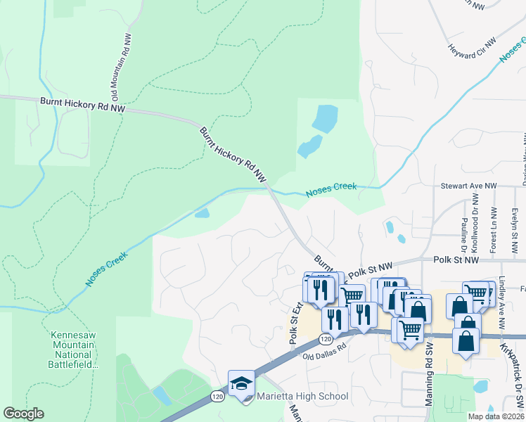 map of restaurants, bars, coffee shops, grocery stores, and more near 1085 Burnt Hickory Road Northwest in Marietta