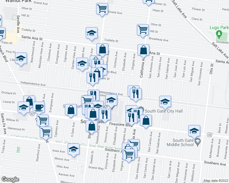 map of restaurants, bars, coffee shops, grocery stores, and more near 3359 Independence Avenue in South Gate
