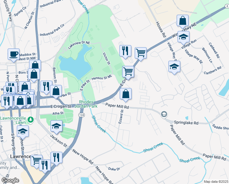 map of restaurants, bars, coffee shops, grocery stores, and more near 180 East Crogan Street in Lawrenceville