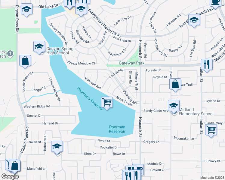 map of restaurants, bars, coffee shops, grocery stores, and more near 11357 Red Hill Road in Moreno Valley