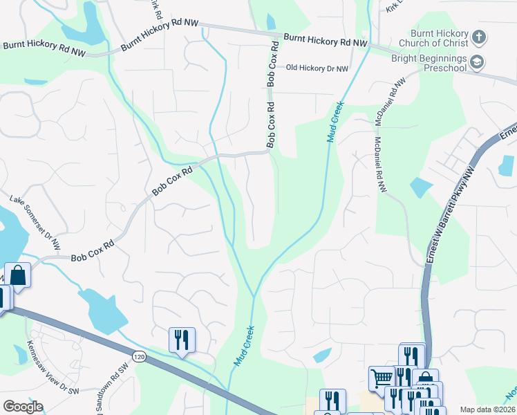 map of restaurants, bars, coffee shops, grocery stores, and more near 180 Cox Farm Road Northwest in Marietta