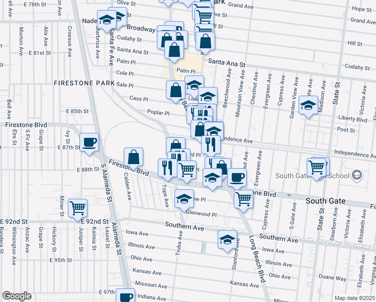 map of restaurants, bars, coffee shops, grocery stores, and more near 2741 Orchard Place in South Gate