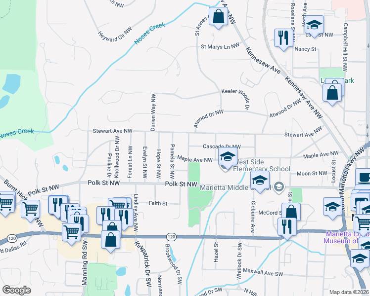 map of restaurants, bars, coffee shops, grocery stores, and more near 255 Ridge Avenue in Marietta