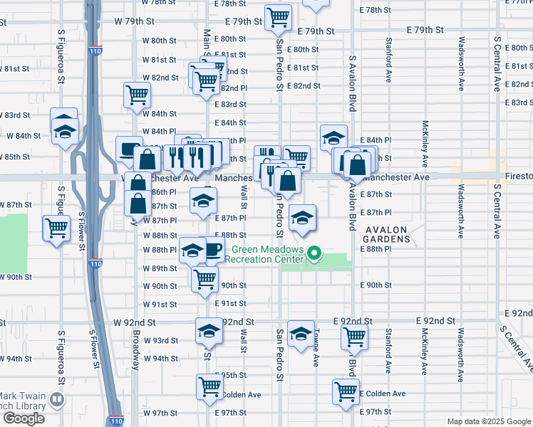map of restaurants, bars, coffee shops, grocery stores, and more near 237 East 87th Place in Los Angeles