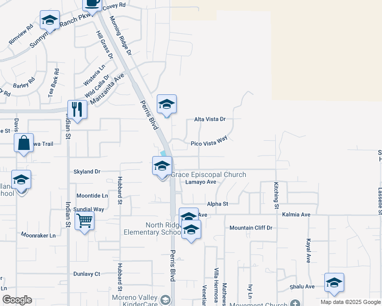 map of restaurants, bars, coffee shops, grocery stores, and more near 25040 Fran Lou Drive in Moreno Valley