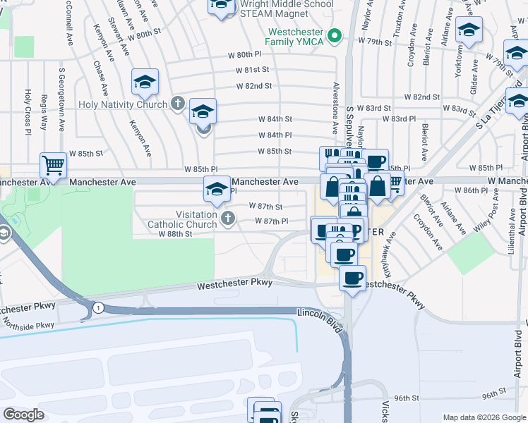 map of restaurants, bars, coffee shops, grocery stores, and more near 6456 West 87th Street in Los Angeles