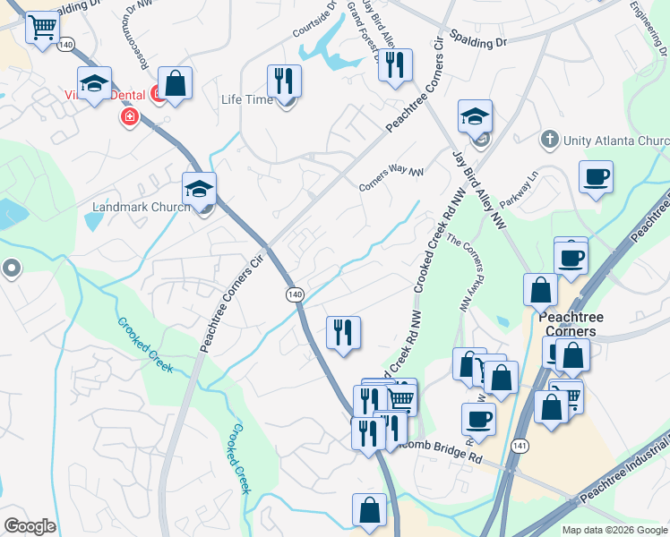 map of restaurants, bars, coffee shops, grocery stores, and more near 6185 Woodland Road Northwest in Norcross