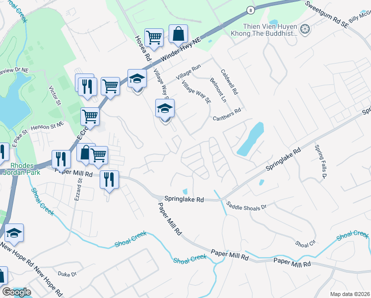 map of restaurants, bars, coffee shops, grocery stores, and more near 452 Springbottom Court Southeast in Lawrenceville