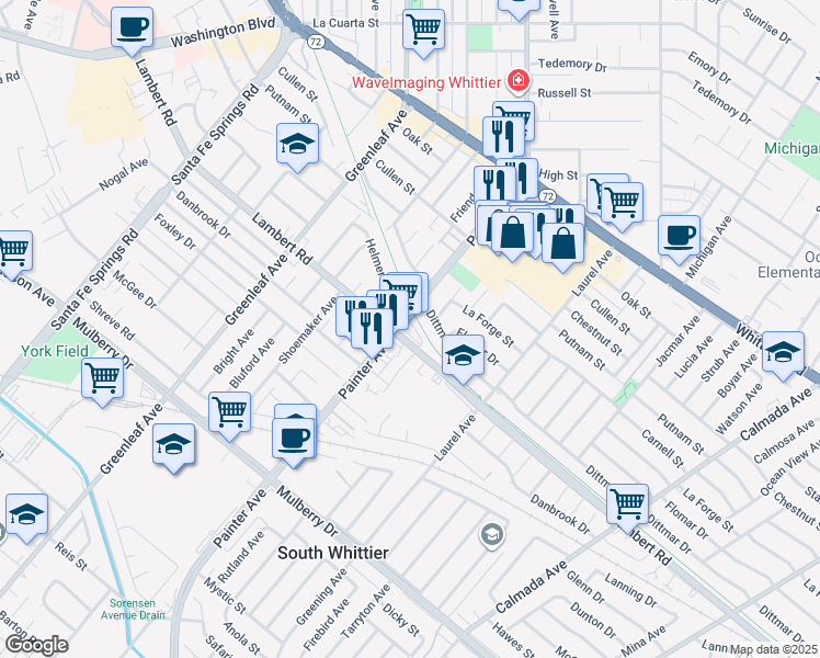 map of restaurants, bars, coffee shops, grocery stores, and more near 8751 Painter Avenue in Whittier