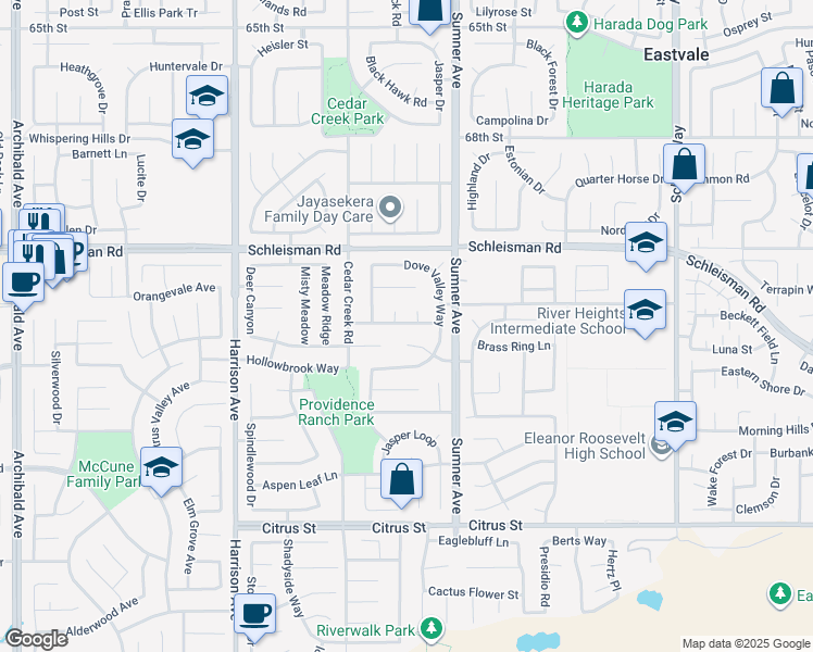 map of restaurants, bars, coffee shops, grocery stores, and more near 13491 Falcon Ridge Road in Corona