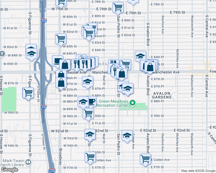 map of restaurants, bars, coffee shops, grocery stores, and more near 237 East 87th Place in Los Angeles
